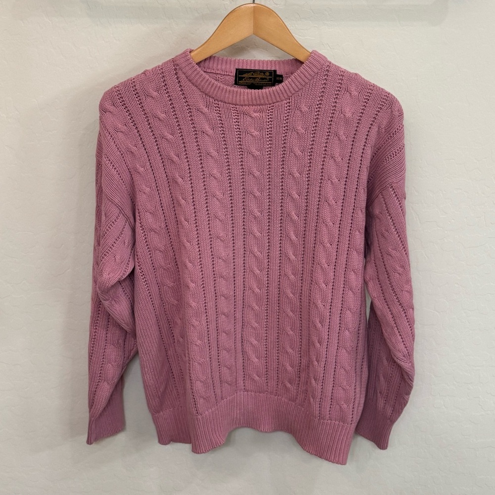 Vintage 90s Eddie Bauer Pink Cable Knit Cotton Crewneck Sweater Size M